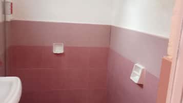 Regadera, toallas, shampoo, papel de baño