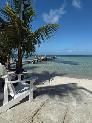 A beach with a white chair, a palm tree, and a wooden pier extending into the ocean. - ISLAMORADA DREAM (Islamorada)