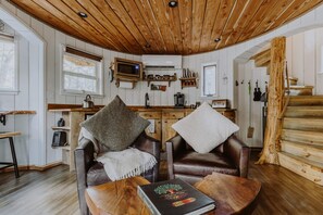A cozy cabin interior with wooden walls, a kitchen area, two leather chairs with throw blankets, and a book on a coffee table.