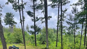 A campsite with a fire pit, benches, and a sign instructing to clean up after oneself. - CABIN IN THE WOODS, 10 acres, Sleeps 8. Close to ORV trails and Forest Dunes. (Roscommon)