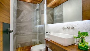 A bathroom with a glass-enclosed shower, a white toilet, and a wooden vanity with a sink.