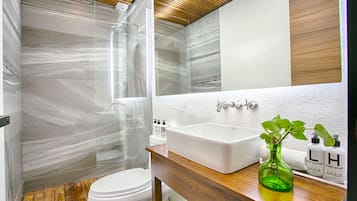 Douche, séchoir à cheveux, serviettes fournies, savon