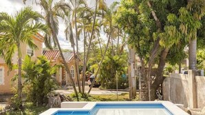 A swimming pool surrounded by palm trees and a building with a red roof. - The cloud room At Csompo Silver Manor (Tower Isle)