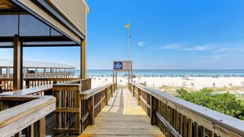 On the beach, sun loungers