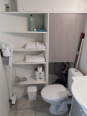 Douche, serviettes fournies, papier toilette