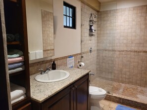 Shower, hair dryer, towels, soap