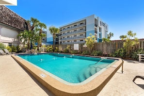 A swimming pool with a wooden deck, surrounded by palm trees and a fence.