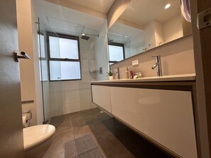 Secadora de cabello, toallas, jabón, papel de baño 