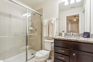 Shower, eco-friendly toiletries, hair dryer, towels