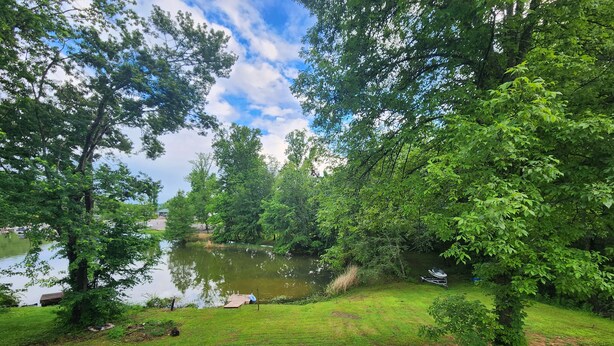 Uma vista tranquila do lago, com um deck de madeira, vegetação exuberante e águas calmas.