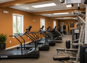 A gym with treadmills, weight machines, and a motivational poster. - Beautiful Lodge in The Hideout!! (Lake Ariel)
