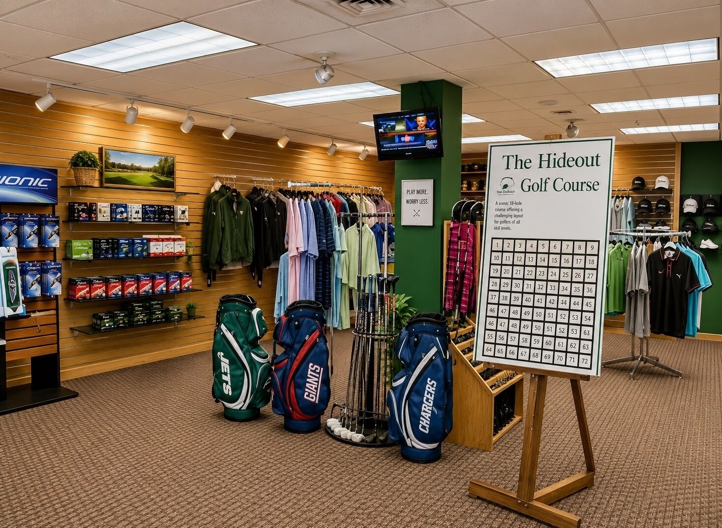 En butik med golftema som säljer bland annat golfbagar, kläder och golftillbehör.