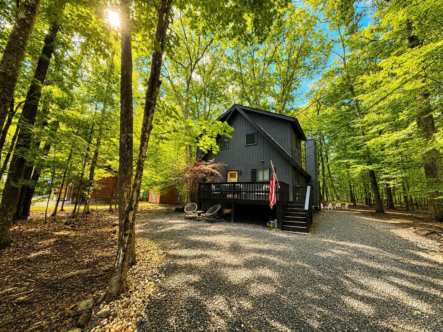 A cabin with a gravel driveway, surrounded by trees.