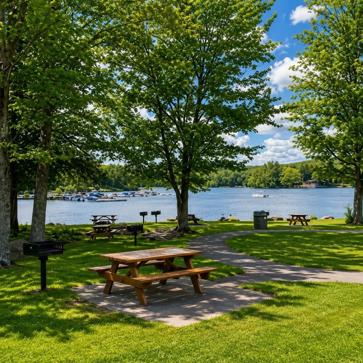 A lakeside park with picnic tables, benches, and a walking path.