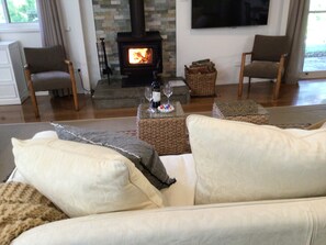 Televisor intel·ligent, llar de foc, reproductor de DVD i llibres 