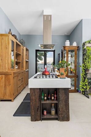 Fridge, stovetop, coffee/tea maker, toaster