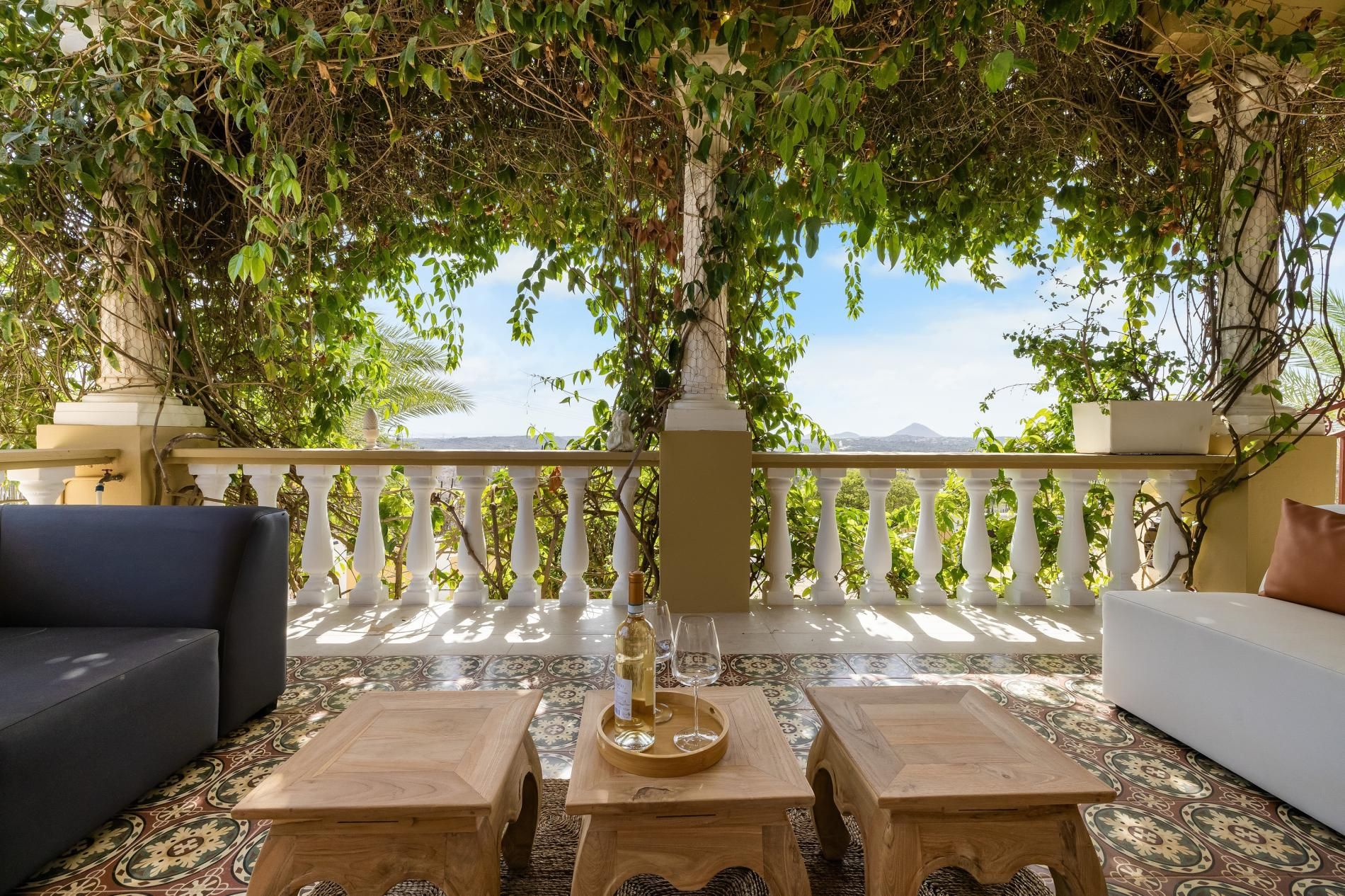 A terrace with a view, furnished with a sofa, two wooden tables, and a decorative tree.