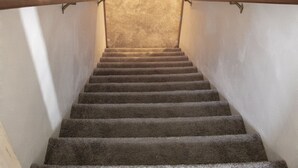 Eine Treppe mit Teppichstufen und Holnläufen, die zu einem Podest mit einer gemusterten Wand führt.