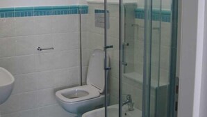 A bathroom with a glass-enclosed shower, a toilet, and a bidet. - Studio with equipped kitchen - Pisciotta (Pisciotta)