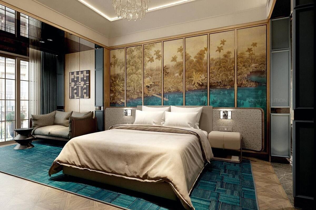 A modern bedroom with a large bed, a sofa, a chandelier, and a large window.