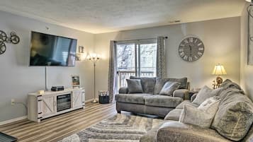 Smart TV, chimenea, reproductor de DVD, libros