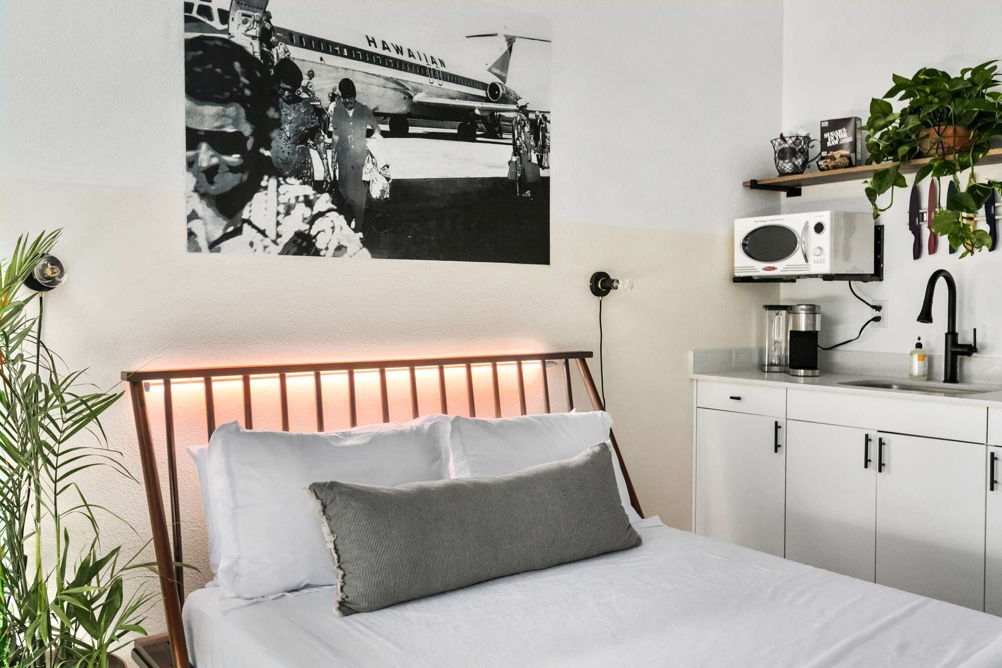 A bedroom with a bed, a bedside table with a radio, a small cabinet, and a wall-mounted shelf with plants.