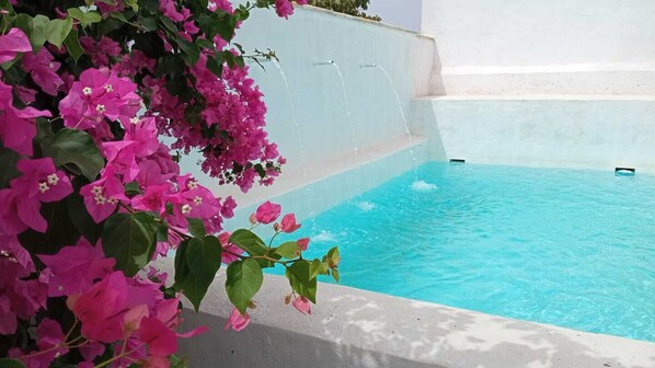 Kirkkaan sinisen veden uima-allas, jonka ympärillä on valkoiset seinät ja vaaleanpunaisia bougainvillea-kukkia.