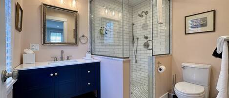 A modern bathroom with a glass-enclosed shower, a white toilet, and a dark blue vanity with a mirror.