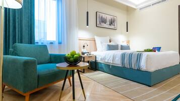 In-room safe, desk, laptop workspace, blackout curtains