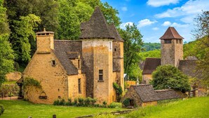 A historic stone building with a tower, surrounded by lush greenery and a clear sky.