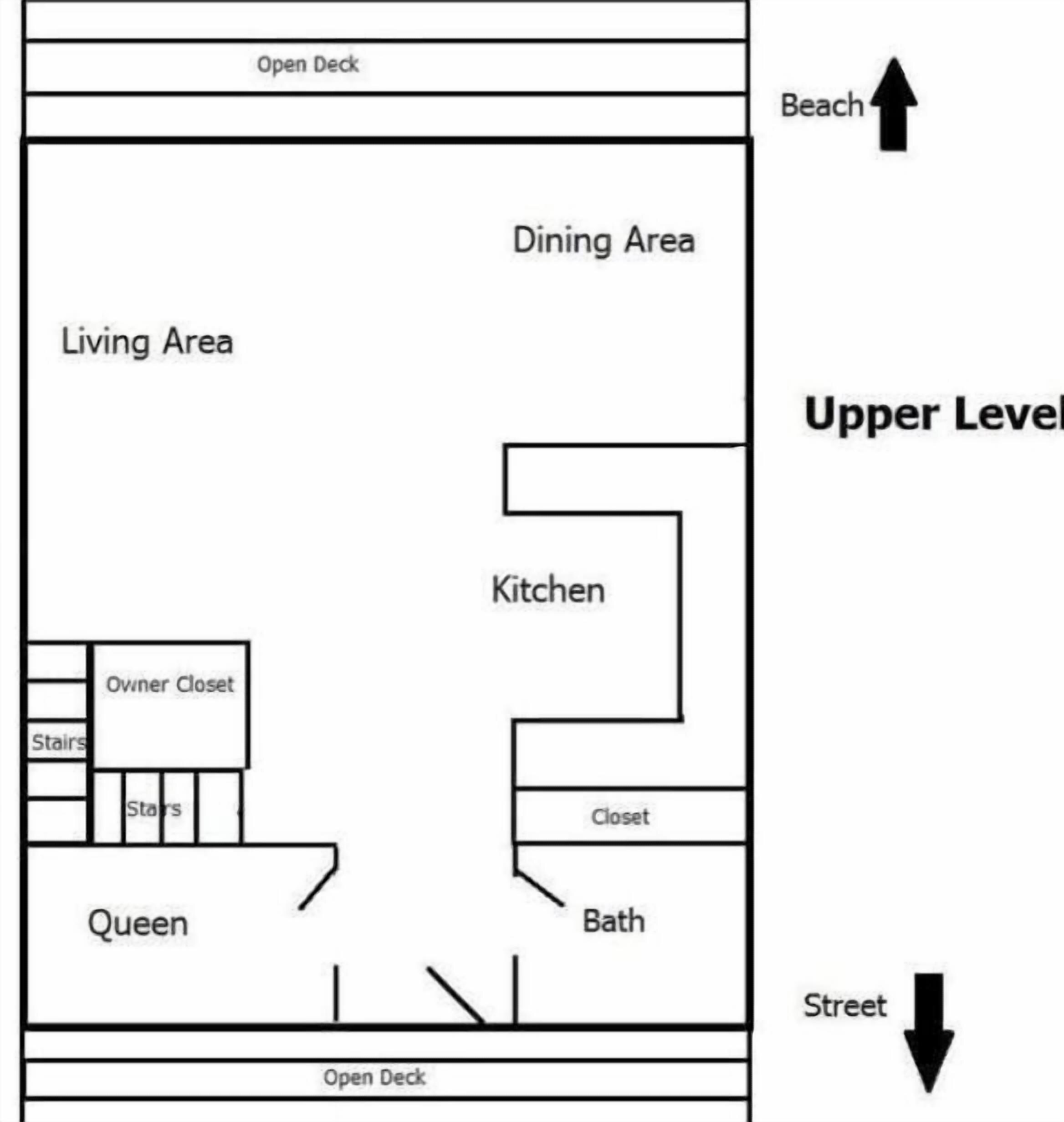 A hotel layout with an open deck, dining area, living area, kitchen, owner closet, stairs, queen room, closet, and bath.
