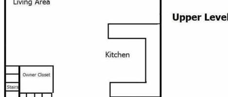 A hotel layout with an open deck, dining area, living area, kitchen, owner closet, stairs, queen room, closet, and bath.