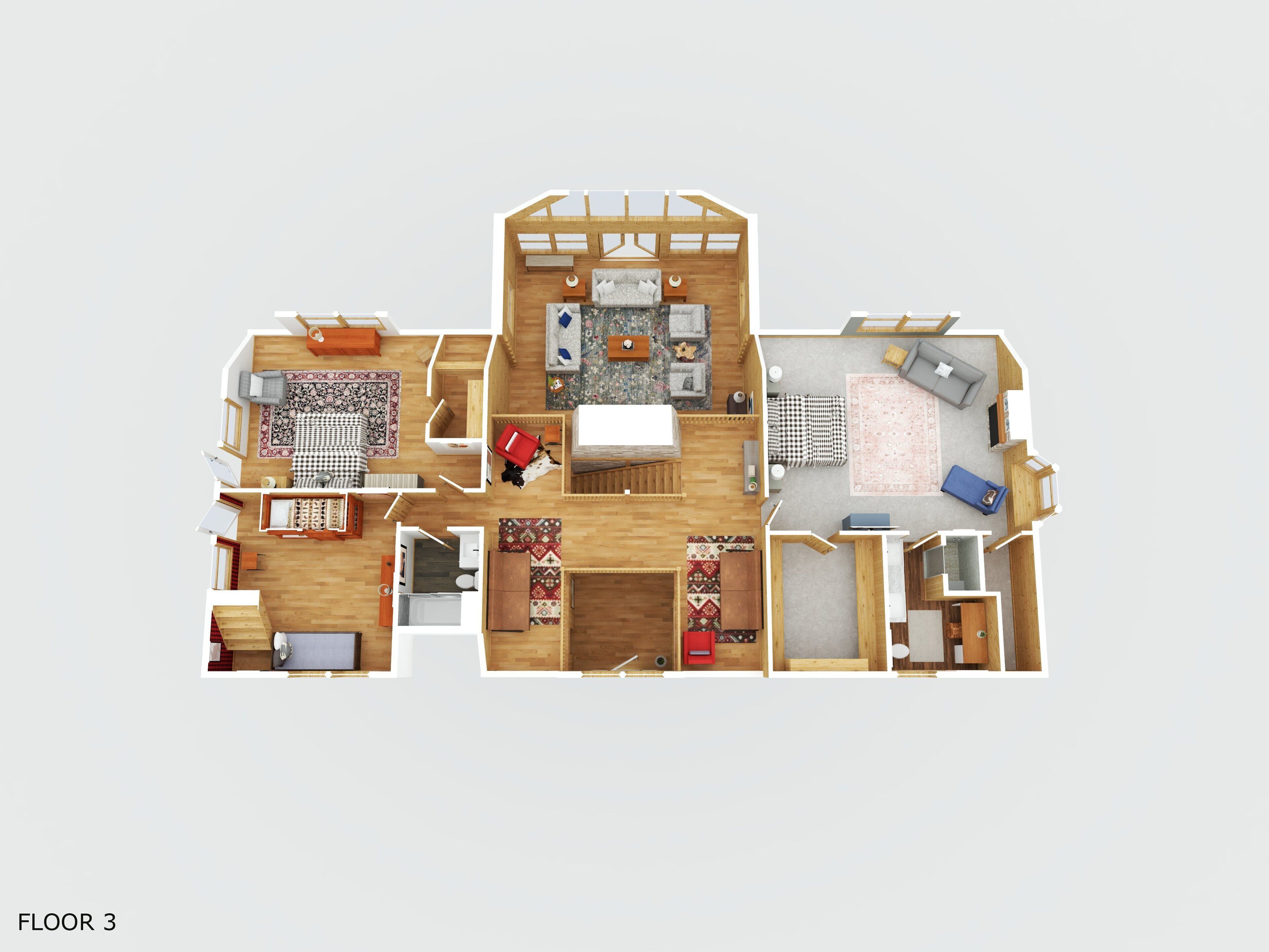A 3D floor plan of a hotel room with a living area, a bedroom, a bathroom, and a kitchen.