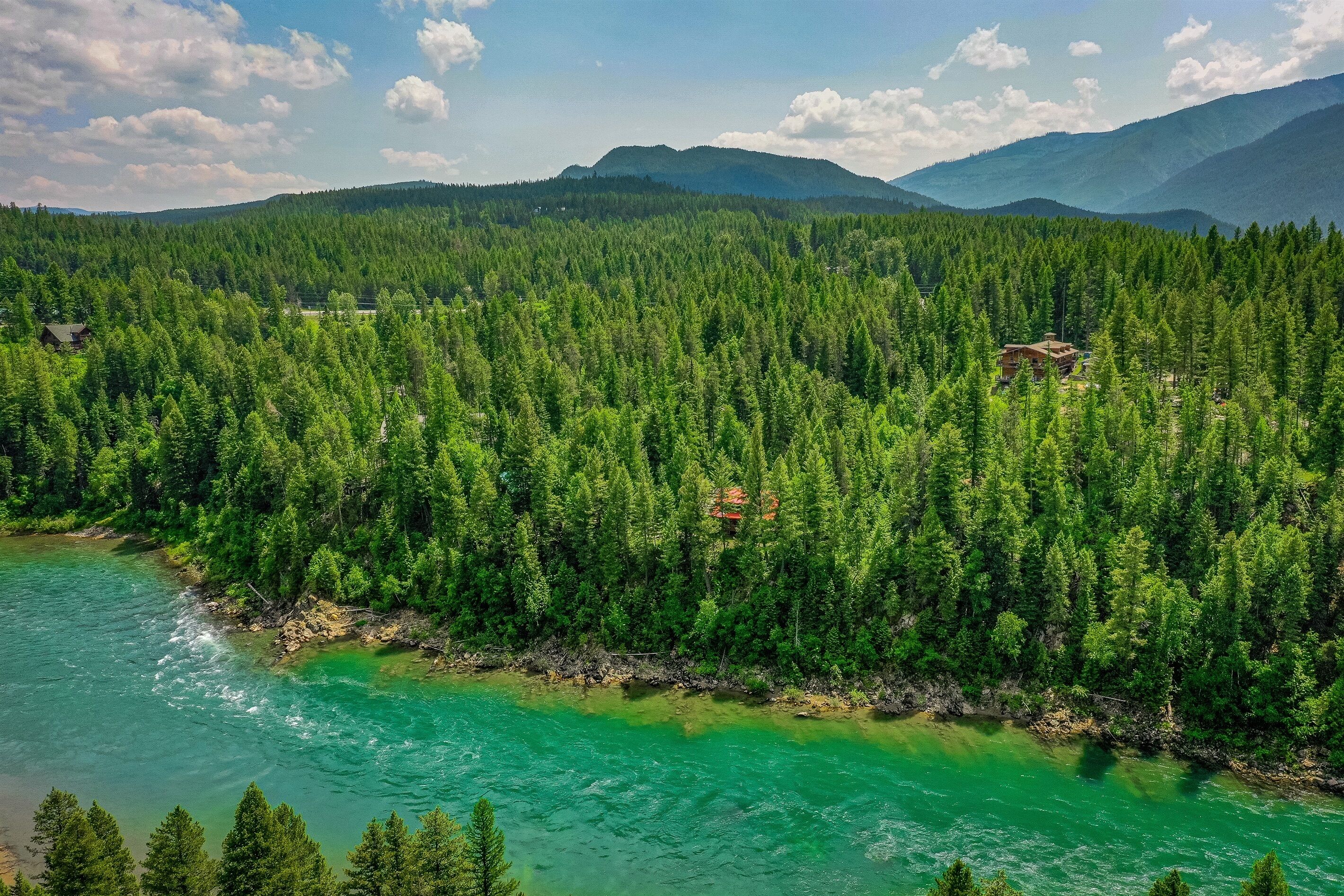 Eine bewaldete Landschaft mit einem Fluss und einem Haus.