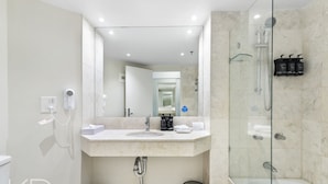 A modern bathroom with a large mirror, a sink, a shower, and a toilet. - Surfers Paradise Beach & Ocean View Unit (Surfers Paradise)