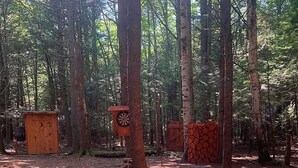 A forested area with a wooden structure, a dartboard, and a stack of firewood. - Get in touch with nature. (Richmond)