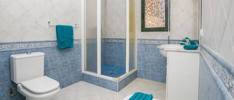 Shower, hair dryer, towels