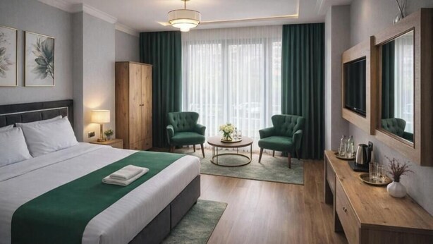 Une chambre d’hôtel avec un lit, deux fauteuils verts, une table basse ronde, une armoire en bois, un téléviseur et une grande fenêtre avec des rideaux.