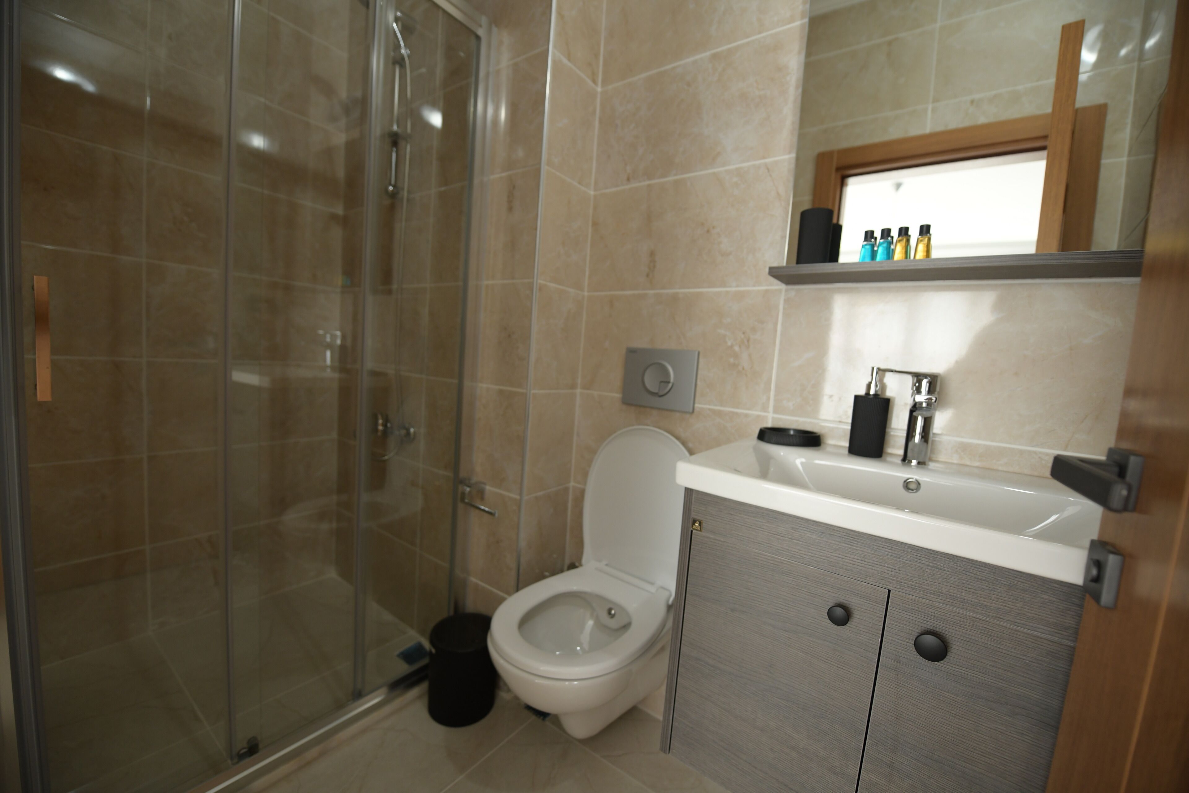 A modern bathroom with a glass shower enclosure, a toilet, and a vanity with a sink and mirror.
