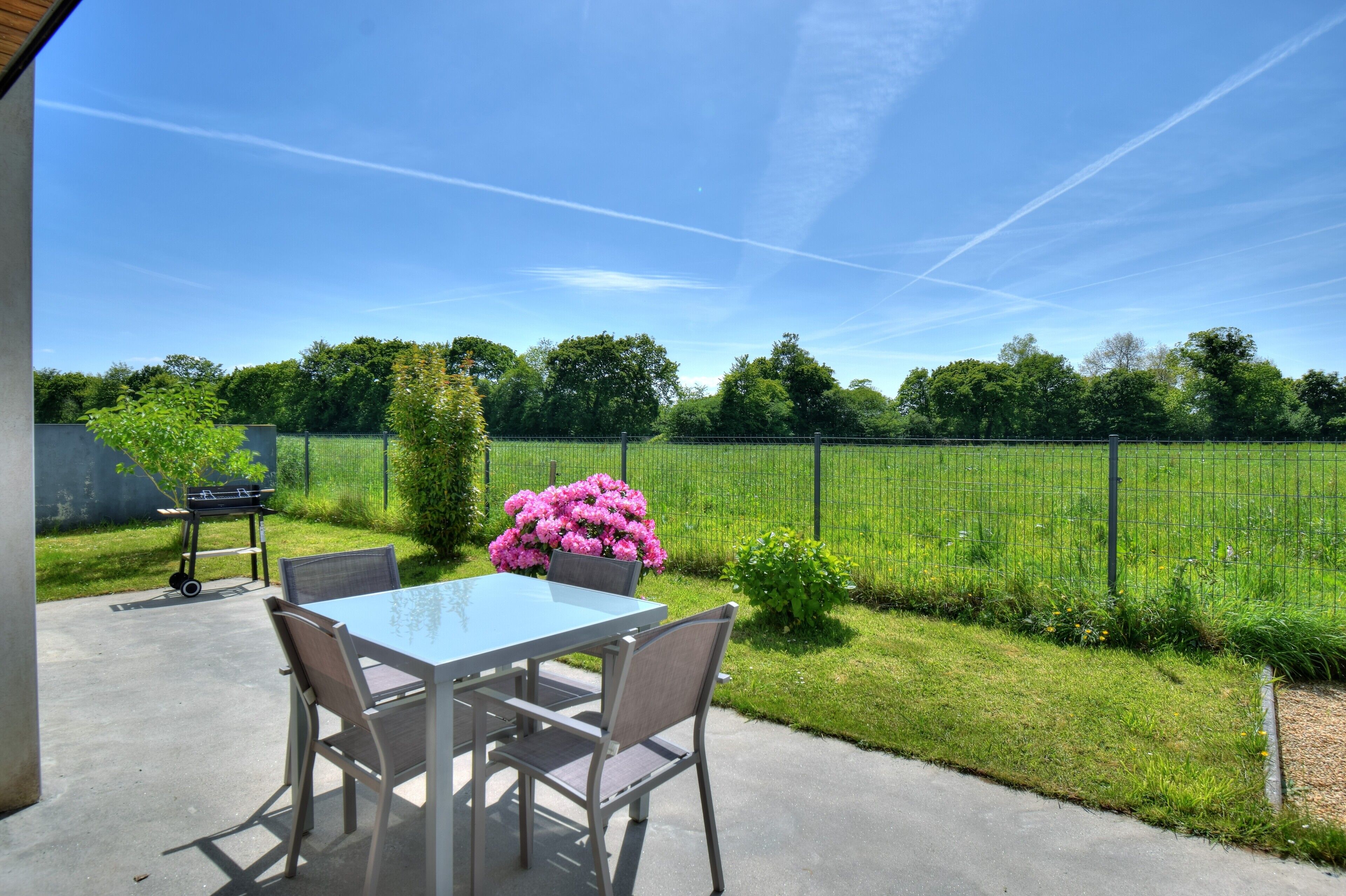 Eine Außenpatio mit Tisch und Stühlen, einem Grill und Blick auf ein grünes Feld und Bäume.