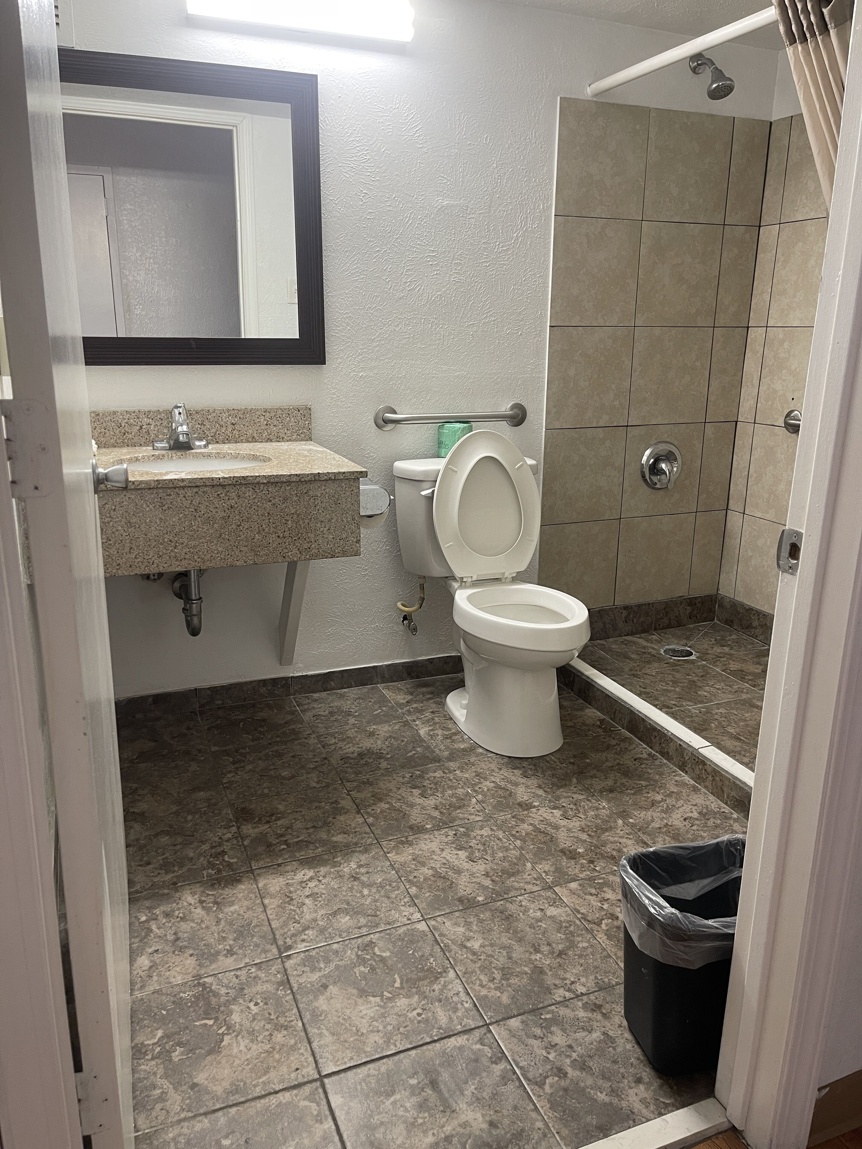 A bathroom with a toilet, sink, and shower area.