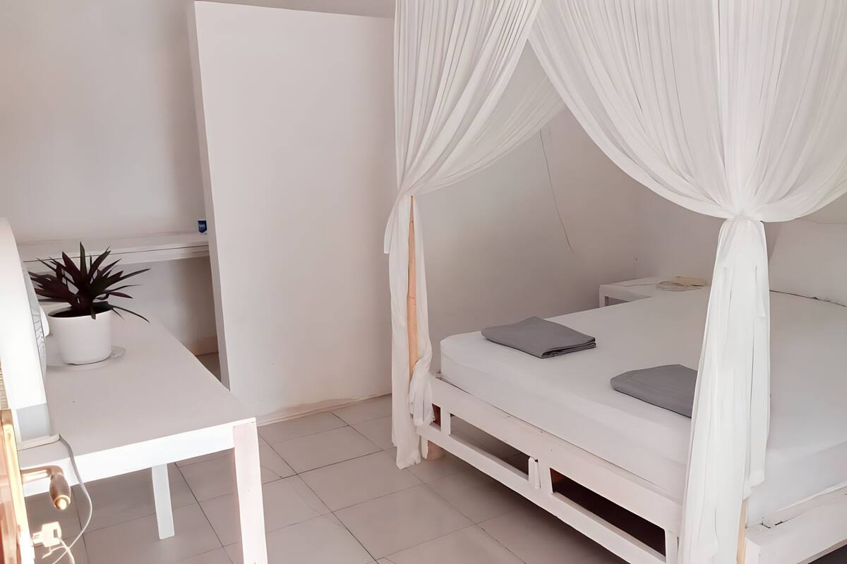 Ein weißes Zimmer mit einem Bett, einem Nachttisch, einer Topfpflanze und einem Vorhang.
