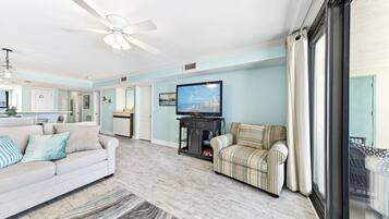 Signature Condo, 2 Bedrooms, Balcony, Beach View | Living room | 65-inch Smart TV with digital channels, TV