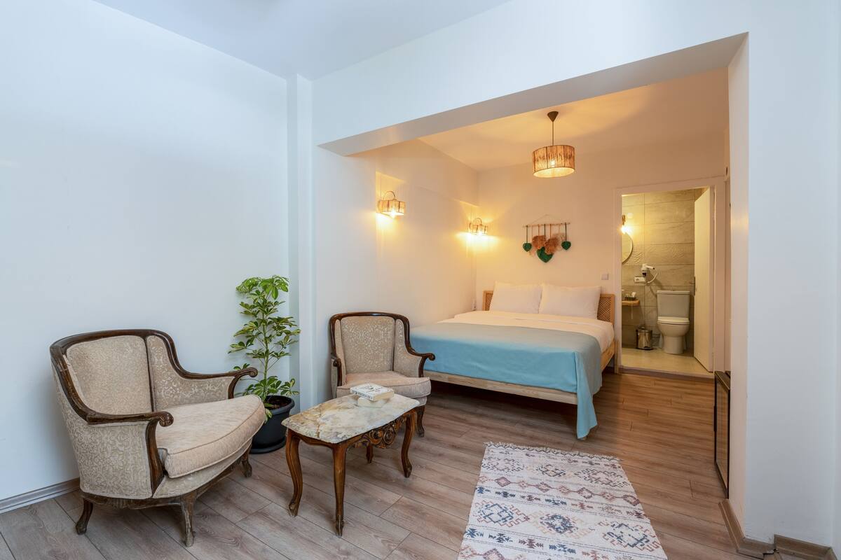 A bedroom with a bed, two armchairs, a small table, a potted plant, and a patterned rug.