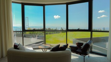 A modern living room with large windows, a sofa, and a coffee table.
