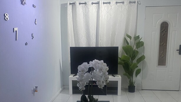A modern living room with a large flat-screen TV, a coffee table with a floral centerpiece, a potted plant, and a wall clock. - Townhouse426 gated community (Portmore)
