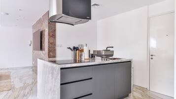 Luxury Apartment, 1 Bedroom, Balcony | Private kitchen | Full-sized fridge, microwave, oven, stovetop