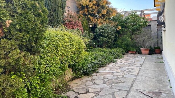 Uma trilha de pedra serpenteia por um jardim exuberante, com diversos arbustos e árvores, ladeada por um edifício com fachada amarela.