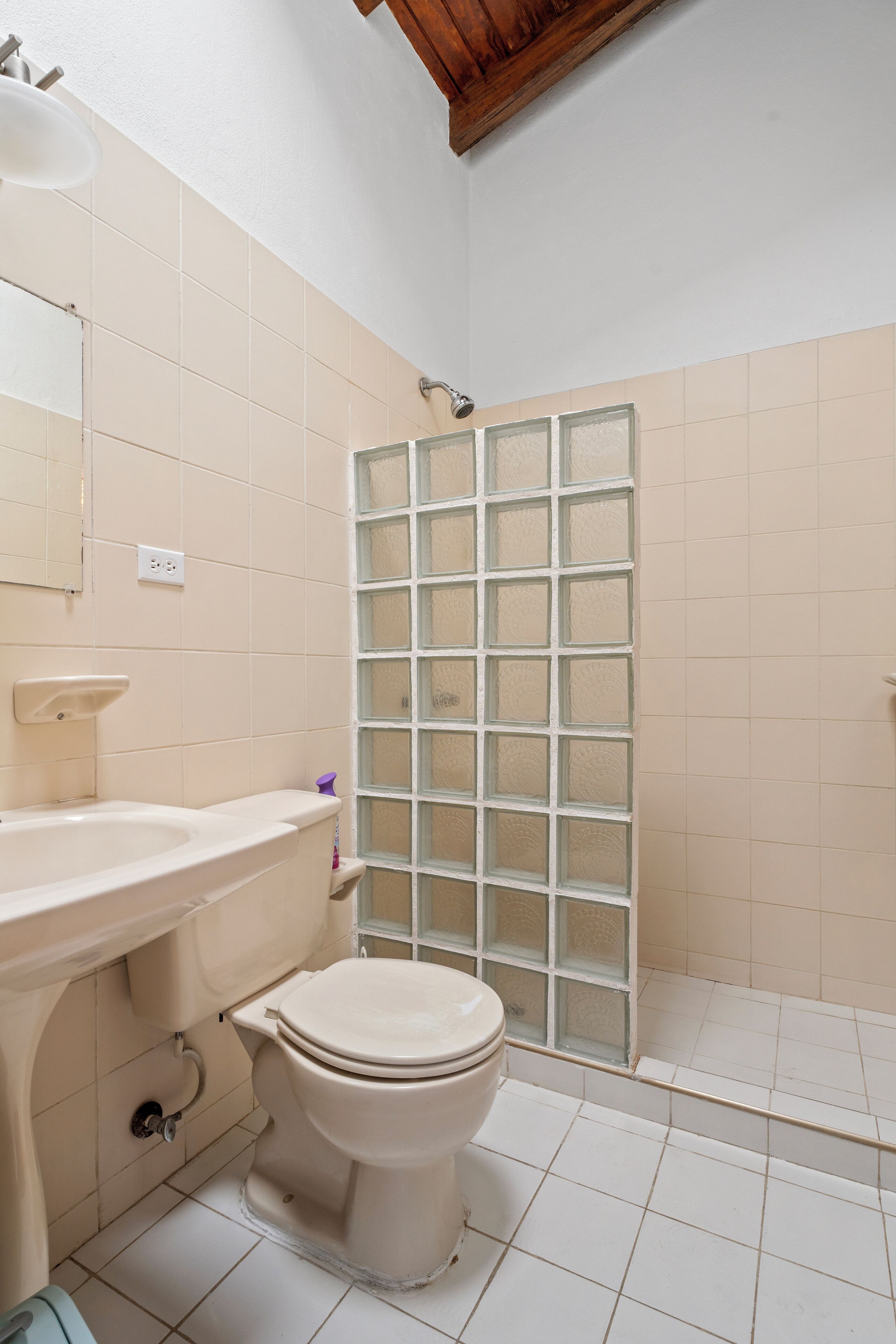 A bathroom with a toilet, sink, and shower enclosure.