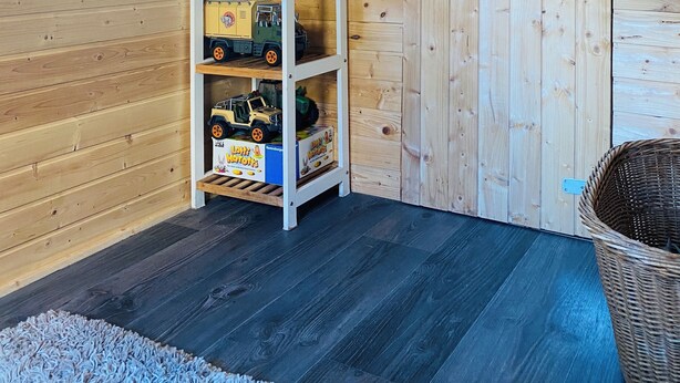 A wooden cabin interior with a shelf of toy trucks, a wicker basket, and a window with a view of trees. - Walnußhof im Spreewald (Schmogrow-Fehrow)